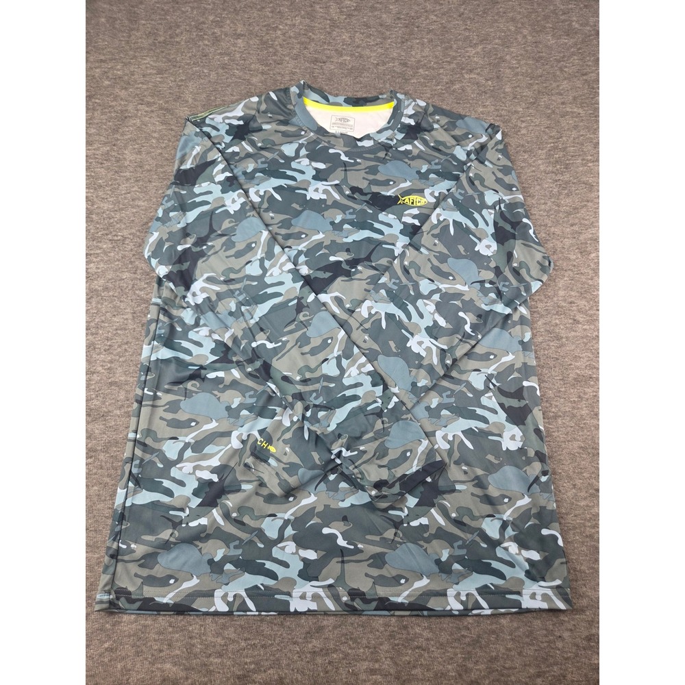 AFTCO Fishing Shirt Mens XL Blue Camo AFTECH Long Sleeve Performance Thumbholes
